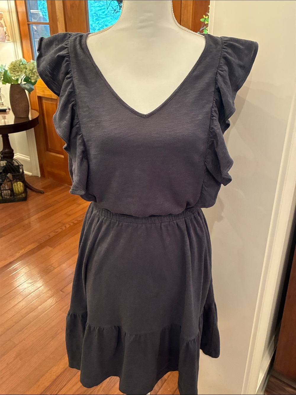 LOFT Slate Gray Ruffle Sleeve V-Neck Mini Dress